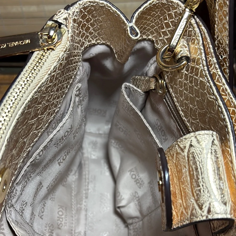 MICHAEL Michael Kors Metallic Gold Snakeskin Satchel w Dust Bag, Gold Tone Charm